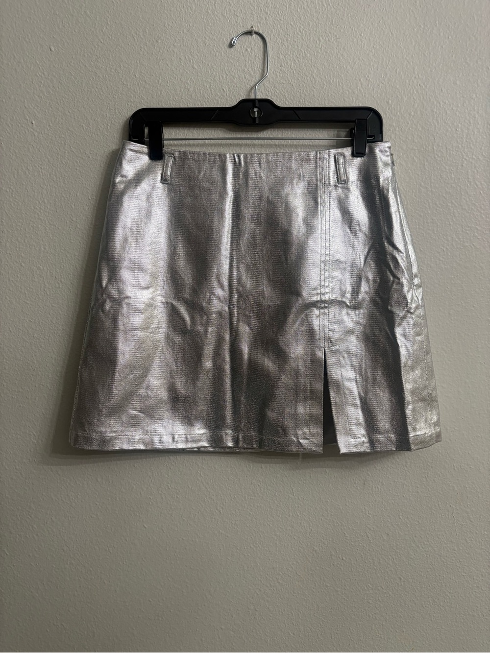 Anthropologie Metallic Silver Mini Skirt with Front Slit